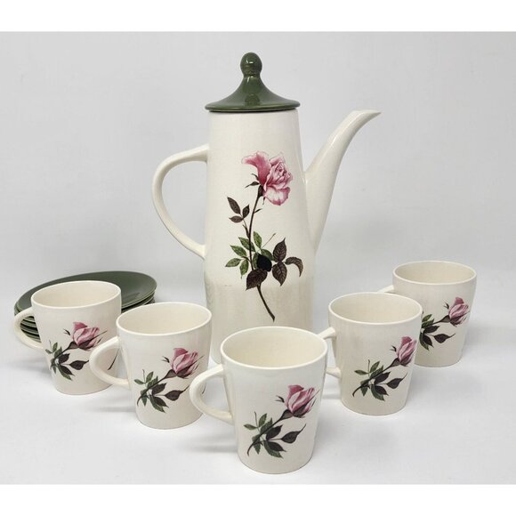 Mid Century Porcelain Coffee Pot & Cups Saucers Green Ivory Roses Palissy UK - Picture 5 of 12